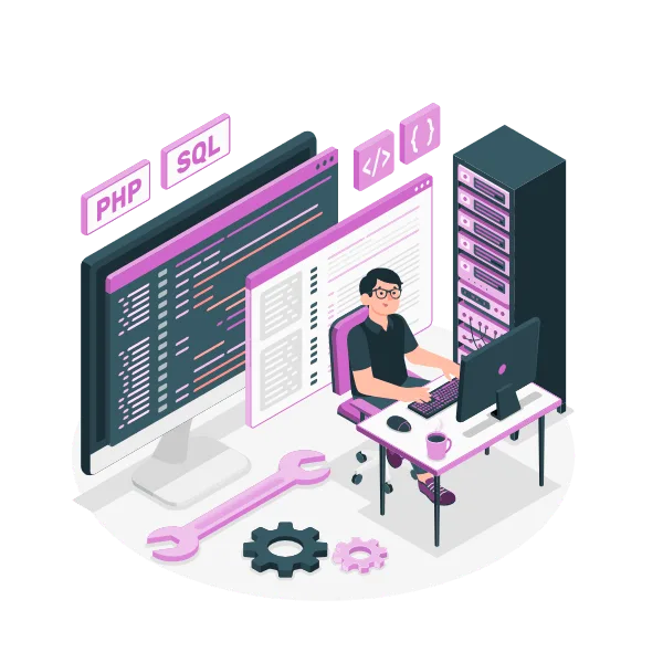 Backend development concept featuring server-side programming, databases, and APIs powering secure, scalable website functionality.