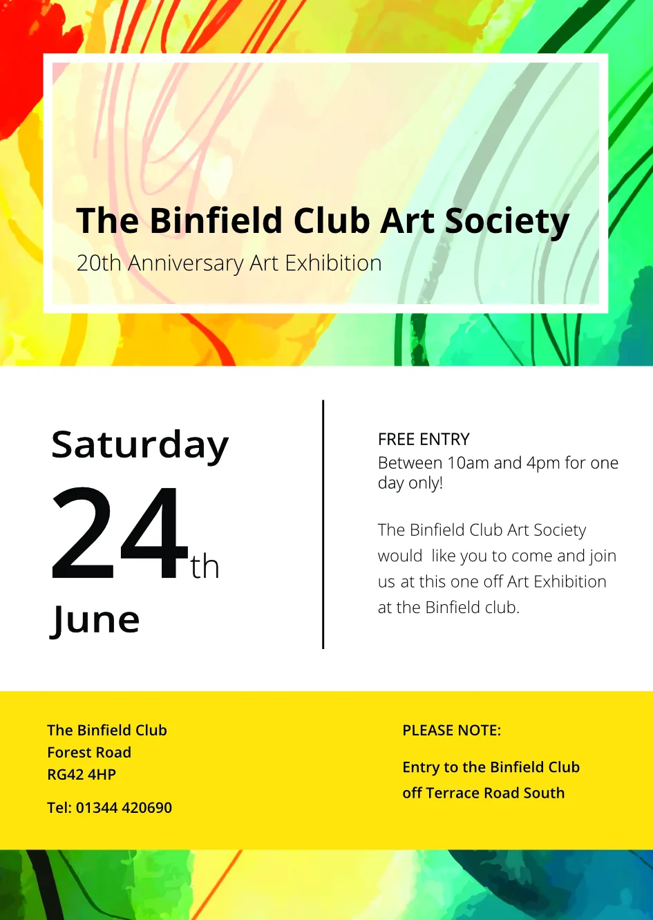 Full flat-lay view of the final printed newsletter distributed around Binfield village, promoting The Binfield Art Society’s student art exhibition with a clean, artistic layout and community-focused messaging.