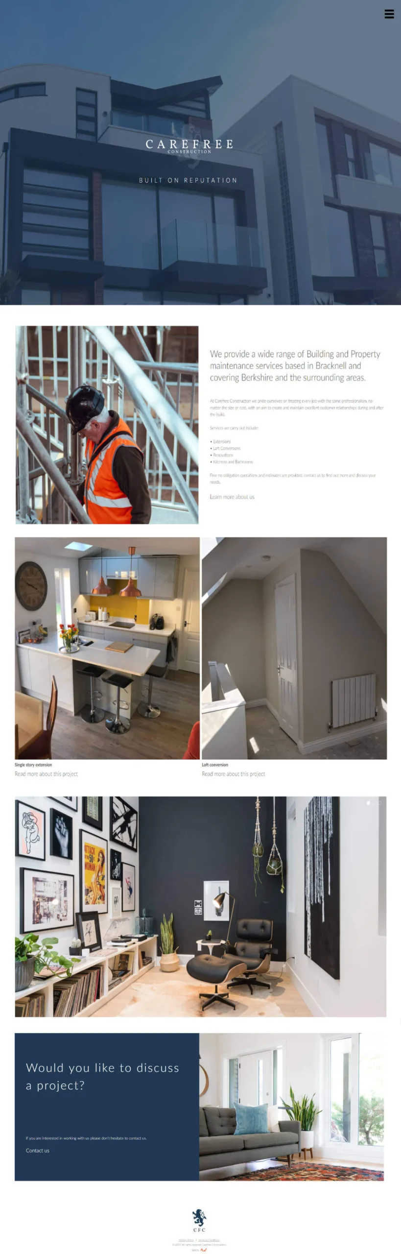 Full homepage view of the Carefree Construction website, featuring their building and property maintenance services.