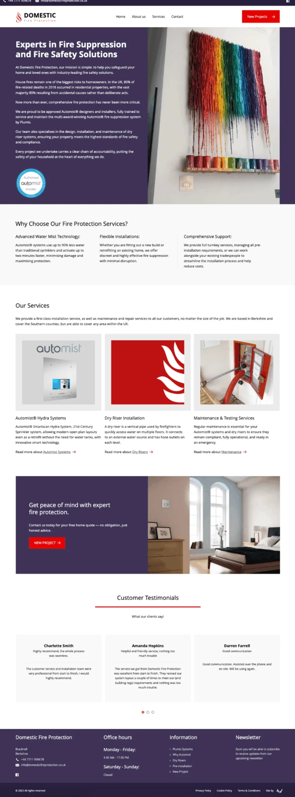 Full-page view of the Domestic Fire Protection homepage showcasing a clean, responsive WordPress design highlighting fire suppression services, built with accessibility and SEO best practices.