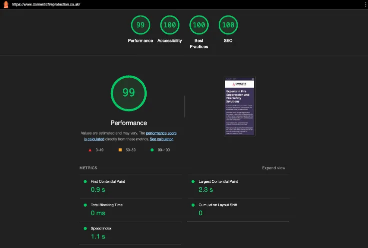 Google Lighthouse audit showing 100 scores in accessibility, SEO, and best practices and a 99 in performance for the Domestic Fire Protection WordPress website.
