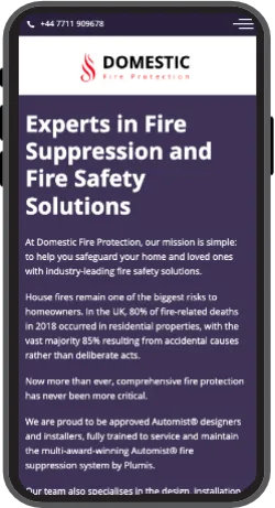 Mobile view of the Domestic Fire Protection website highlighting user-friendly access to fire safety services, including Automist systems and dry riser testing.