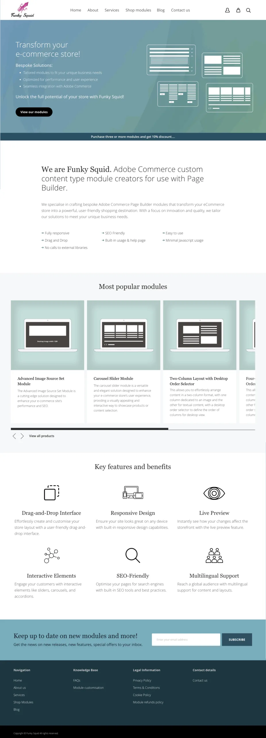 Full homepage view of Funky Squid’s website, highlighting bespoke eCommerce solutions with minimal JavaScript usage, built-in usage help pages, and clean, modern design elements.