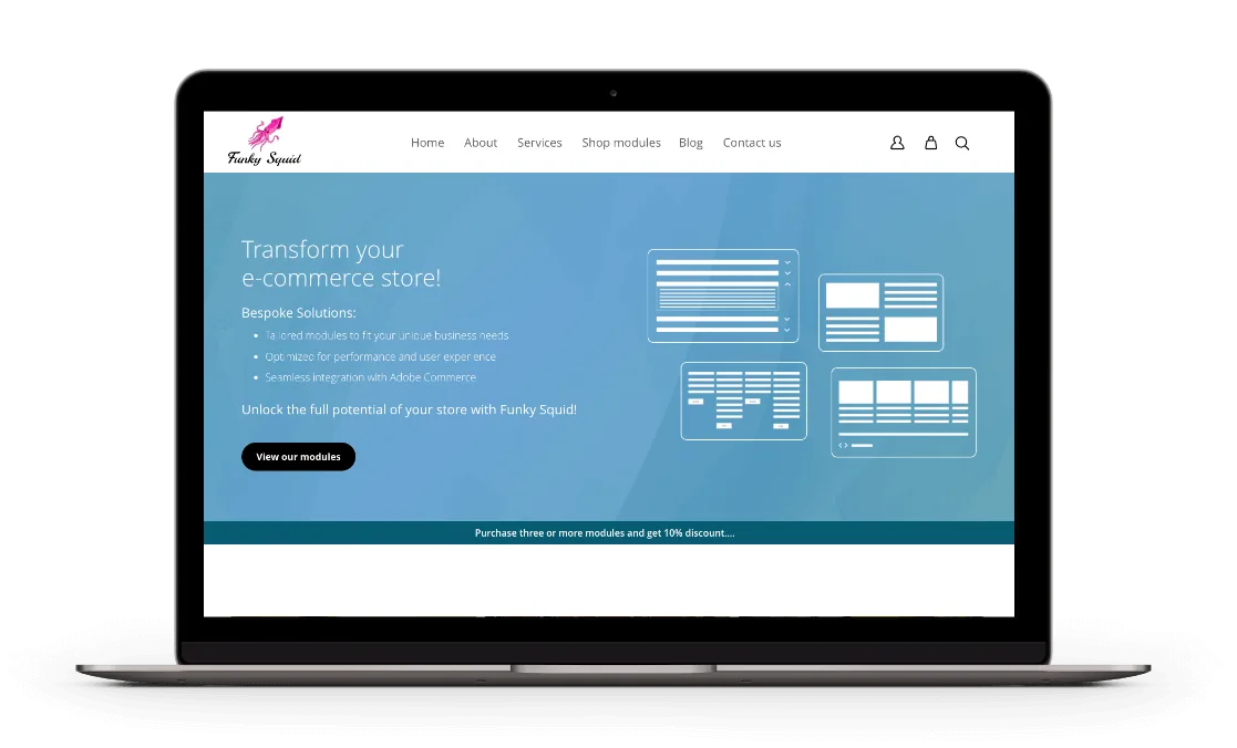 FunkySquid’s custom Adobe Commerce Page Builder modules displayed on a laptop screen, emphasising seamless functionality and innovative design for an enhanced online shopping experience.