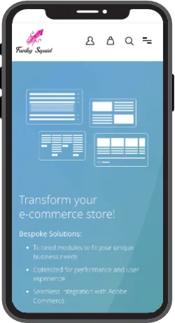 FunkySquid mobile view showcases a responsive, user-friendly eCommerce website with intuitive drag-and-drop features and SEO-friendly design.