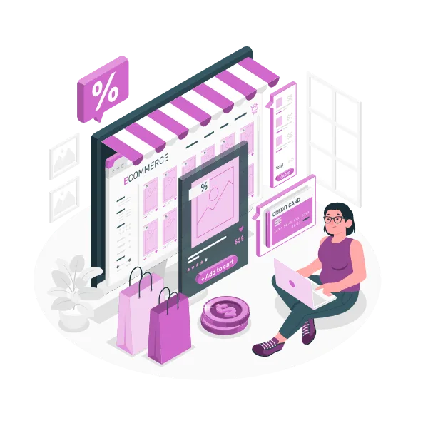 Diagram showing how e-commerce works, including product listings, online payments, order processing, and customer delivery