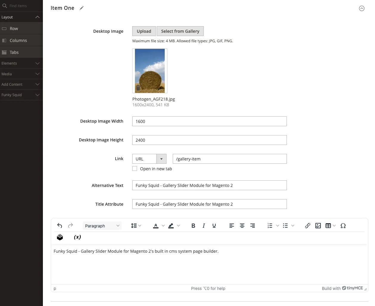 Full-screen admin dashboard view of the header area for the Carousel Slider editor in Adobe Page Builder, showcasing image and text content layout tools