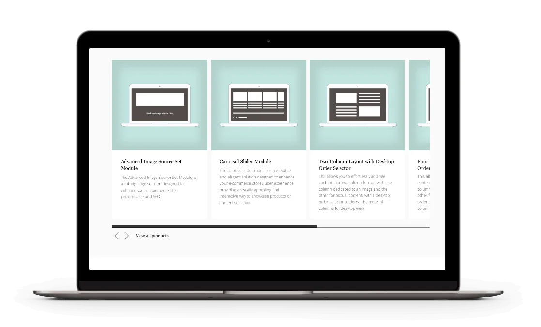 Live website view of the Funky Squids Carousel Slider on a laptop screen, featuring interactive slide transitions and branded content within an Adobe Commerce storefront