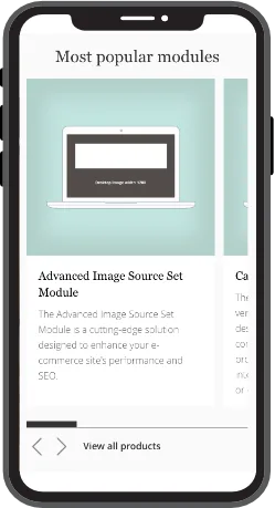 Front-end display of the Funky Squids Carousel Slider on a mobile device, showing responsive product and content presentation on an Adobe Commerce storefront