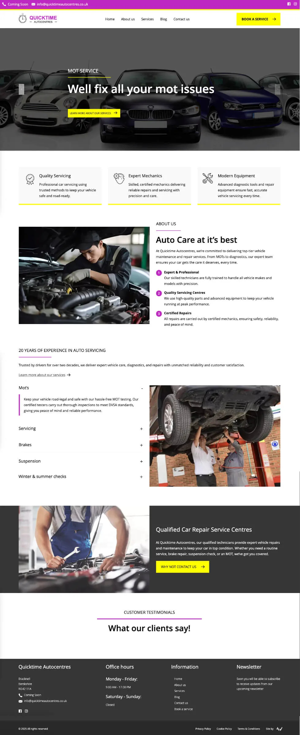 Full homepage view of Quicktime Autocentres' website, featuring an attractive and functional layout with sections dedicated to services, expert technicians, and customer trust.