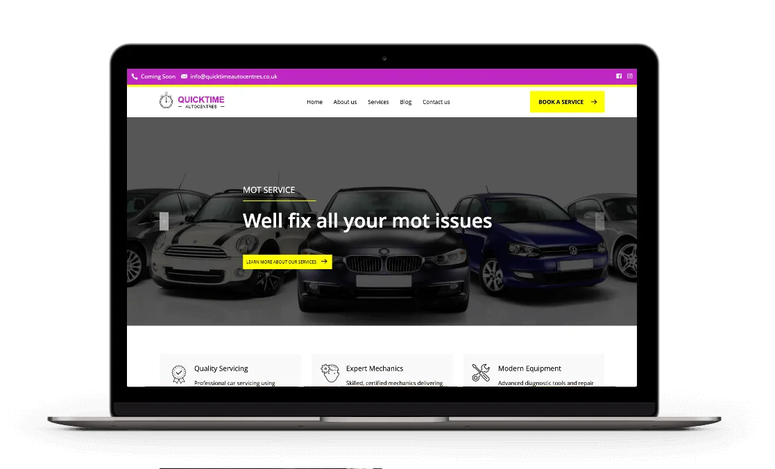 Quicktime Autocentres’ website on a laptop screen, displaying a clean and modern design with easy navigation to services like vehicle repairs, MOT testing, and maintenance.