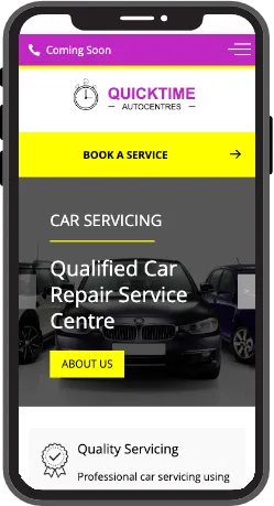 Quicktime Autocentres' mobile view showcases professional vehicle service options and skilled technicians in action, ensuring a seamless user experience on smaller screens.