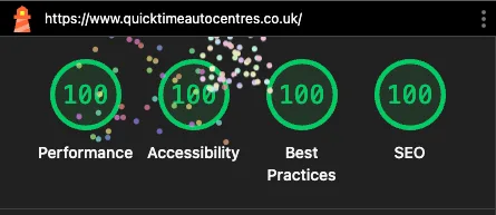 A Google Lighthouse audit showing perfect scores across the board in accessibility, SEO, best practices and performance for the QuickTime Autocentres WordPress website.