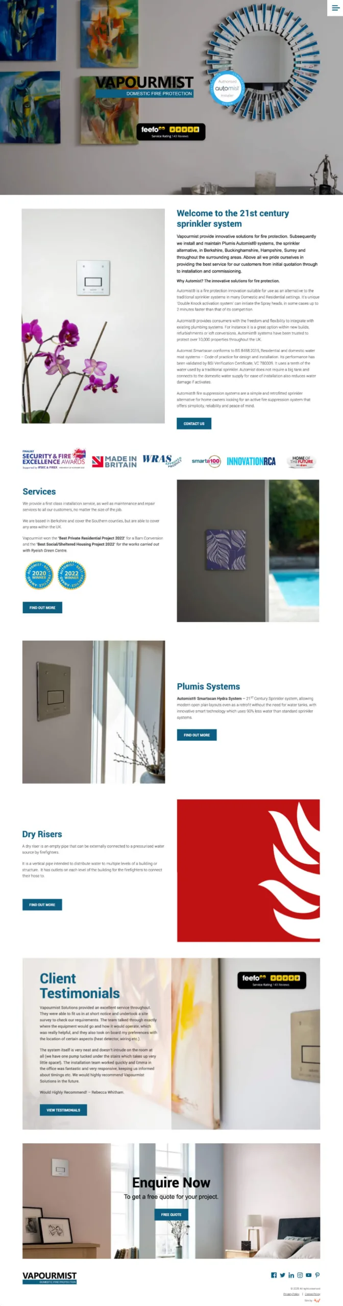 Vapourmist Fire Suppression installers' website services us page full view.