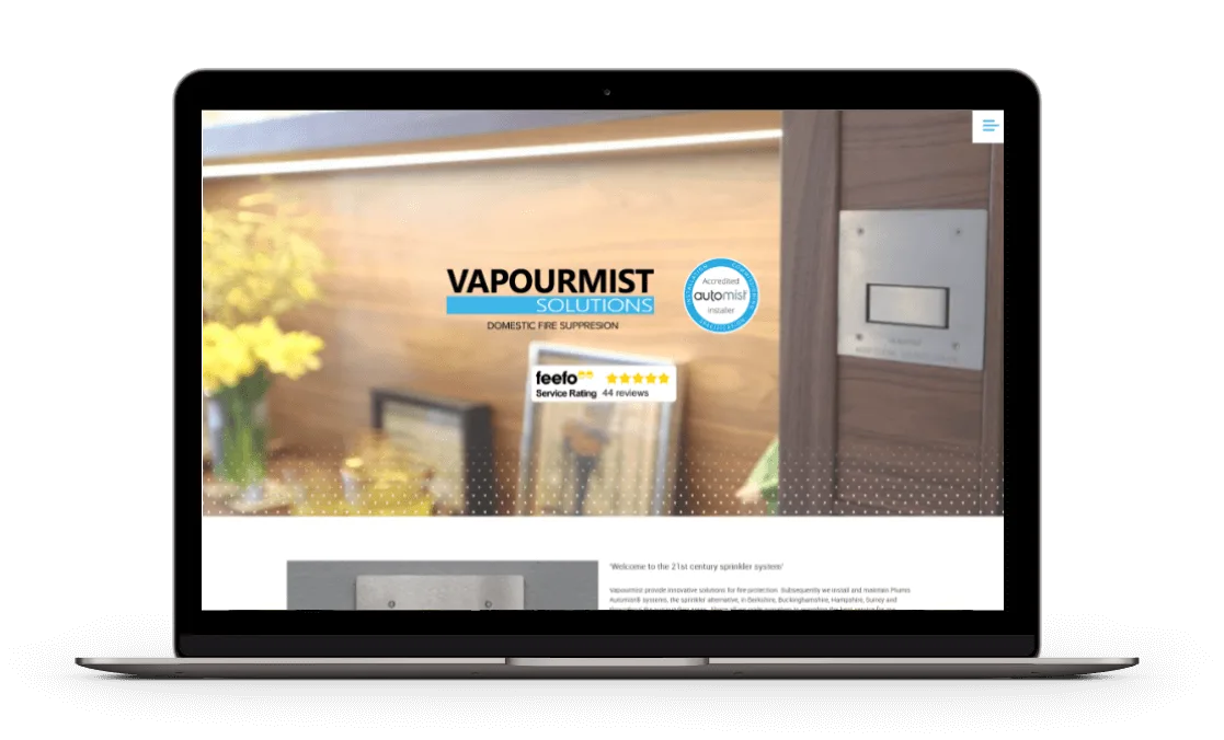 Vapourmist Fire Suppression installers' website laptop view.