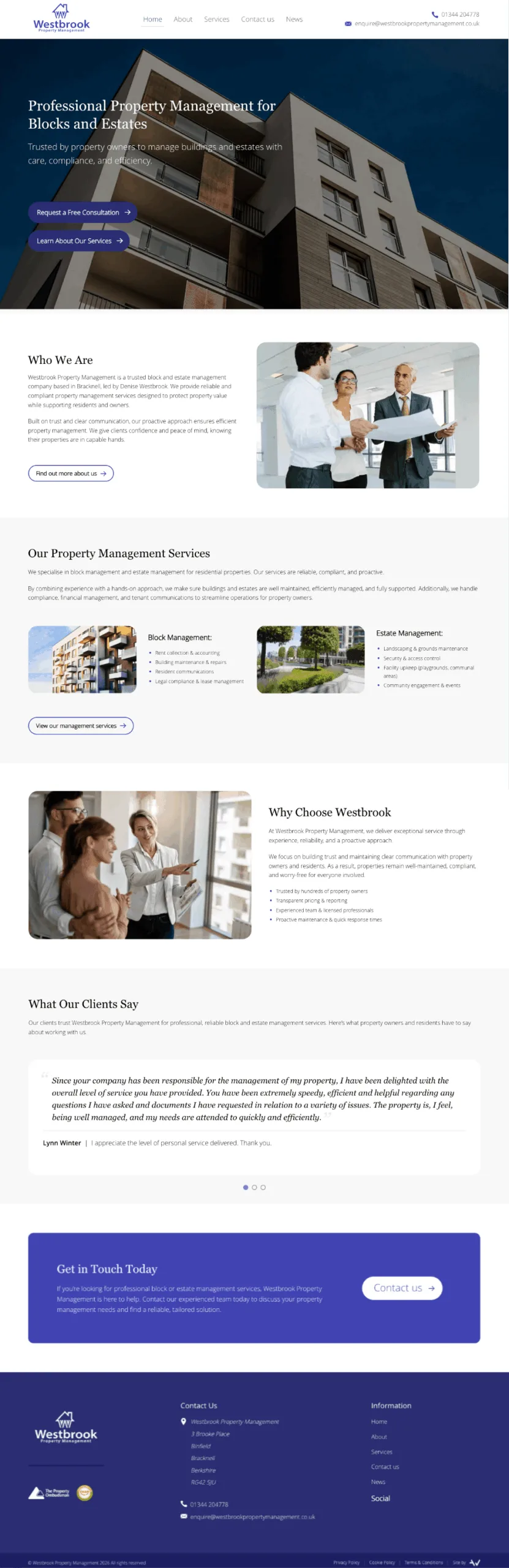Westbrook Property Management website services us page full view.