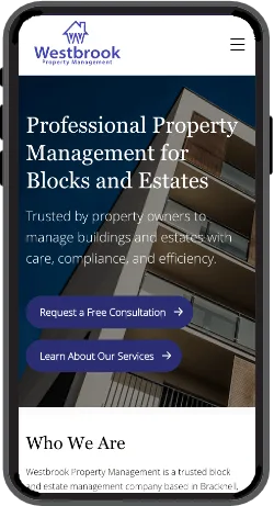 Westbrook Property Management website mobile view.