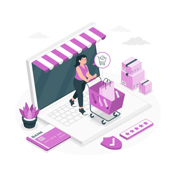 Illustration explaining what e-commerce is, showcasing online shopping through websites and mobile apps for digital retail success