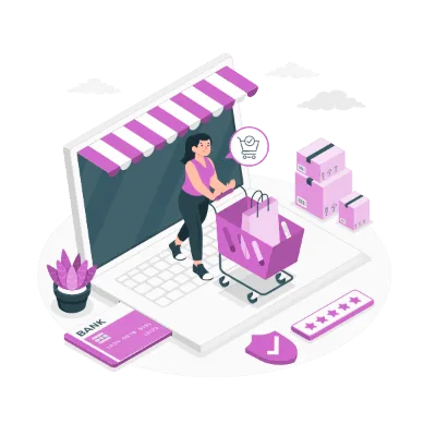 A woman with a shopping cart as she comes out of the shop using e-commerce.